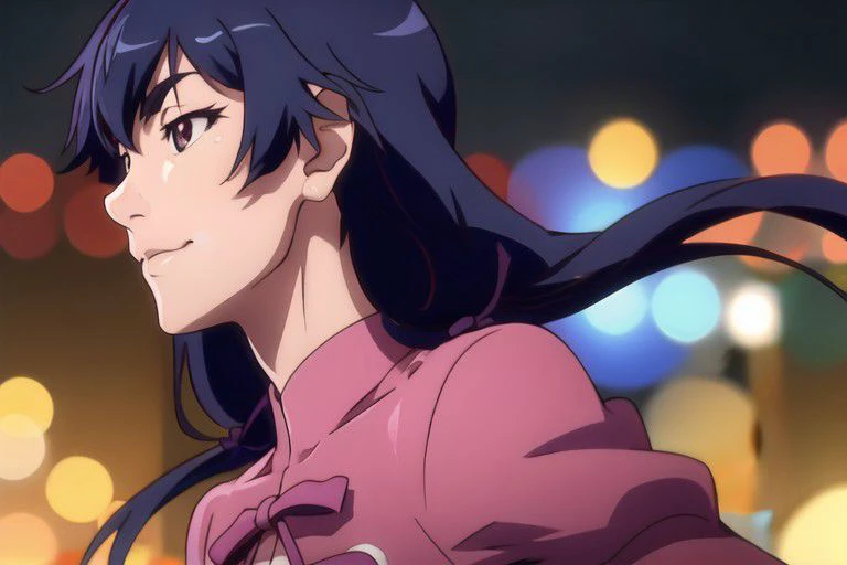 Kanbaru Suruga, Monogatari series, Hanamonogatari, girl wearing blue sequin dress looking at camera, underboob, smirk, side part hair, (8k, best quality, masterpiece:1.2), ultra-detailed, best quality, ultra high res, professional lighting, cinematic lighting, depth of field, sharp focus, good composition, (bokeh:1.2), vivid colors, HDR,