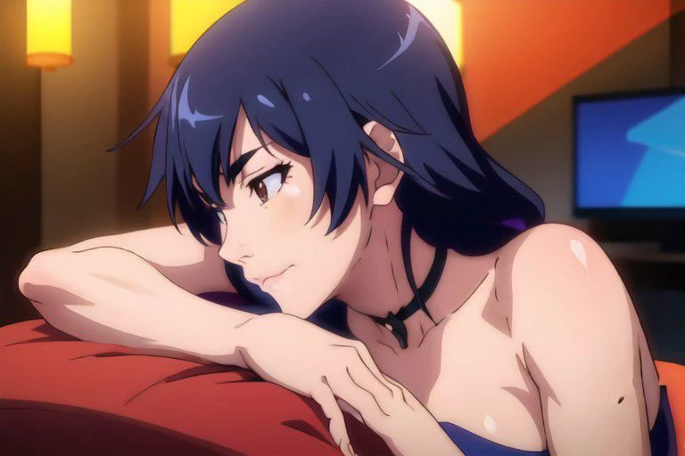 Kanbaru Suruga, Monogatari series, Hanamonogatari, girl wearing blue sequin dress looking at camera, underboob, smirk, side part hair, (8k, best quality, masterpiece:1.2), ultra-detailed, best quality, ultra high res, professional lighting, cinematic lighting, depth of field, sharp focus, good composition, (bokeh:1.2), vivid colors, HDR,