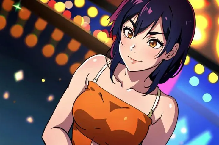 Kanbaru Suruga, Monogatari series, Hanamonogatari, girl wearing blue sequin dress looking at camera, underboob, smirk, side part hair, (8k, best quality, masterpiece:1.2), ultra-detailed, best quality, ultra high res, professional lighting, cinematic lighting, depth of field, sharp focus, good composition, (bokeh:1.2), vivid colors, HDR,