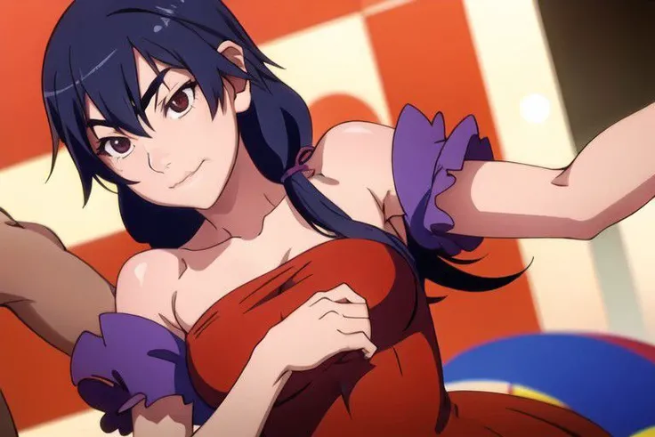 Kanbaru Suruga, Monogatari series, Hanamonogatari, girl wearing blue sequin dress looking at camera, underboob, smirk, side part hair, (8k, best quality, masterpiece:1.2), ultra-detailed, best quality, ultra high res, professional lighting, cinematic lighting, depth of field, sharp focus, good composition, (bokeh:1.2), vivid colors, HDR,