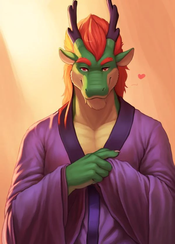 eastern dragon, green scales, red hair wearing intricate purple open robe, hands, claws, looking at viewer, smile, <3, detailed background, kemono, [by meesh:photorealistic:0.5], aesthetic, elegant, masterpiece, 4k, sharp focus <lora:eastern dragon 1token:1>