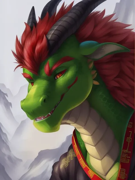 portrait, eastern dragon, green scales, red hair, curved horn,  (chinese traditional outfit:1.2), 4k, chinese <lora:eastern dragon 1token:1>