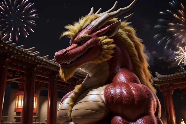 solo,(eastern dragon, fluffy mane,  red body, yellow hair ), chinese temple, night, fireworks, male, (muscular), smile ,(realistic), 4k,hi res , UHD, ( detailed illustration),  masterpiece,  <lora:eastern_dragon_v2_10ep:1>