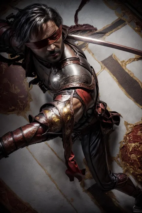 <lora:Kenshi_v1:0.7>
Masterpiece, best quality, (highly detailed raw photo:1. 2), 8k arnold, volumetric lighting, volumetric shadows, phil haley style <lora:more_details:0.6> <lora:epi_noiseoffset2:0.7>
((a man blindfold)), holding a katana, zombie pose, ((armor:1.2)), ((eyes covered:1.2)) <lora:more_details:0.6>
((An ornate venue with ornate floors and walls covered in tapestry))