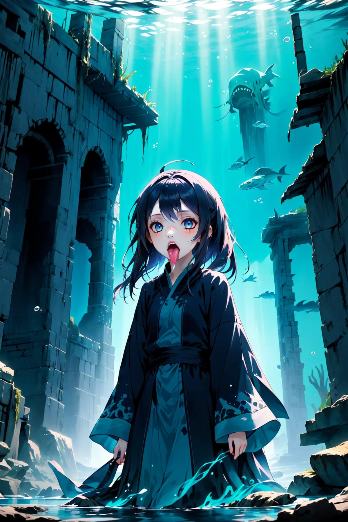 ((masterpiece)),((best quality)),8k,high detailed,ultra-detailed,illustration,(1girl:2),(gossghost),(long tongue),tongure out,explores the eerie depths of an underwater abyss, (ominous atmosphere), Ghostly aquatic creatures manifest in unsettling and ghostly forms, (floating:1.1), (mysterious:1.1), (exploring:1.2), The abyss is filled with eerie underwater ruins and lost treasures, (curious expression), (underwater backdrop), (subdued lighting), (blue|dark), (ethereal and ghostly), Unreal Engine rendering, creating a spine-chilling and cinematic anime scene ,<lora:ChangSheG_V2:1>,