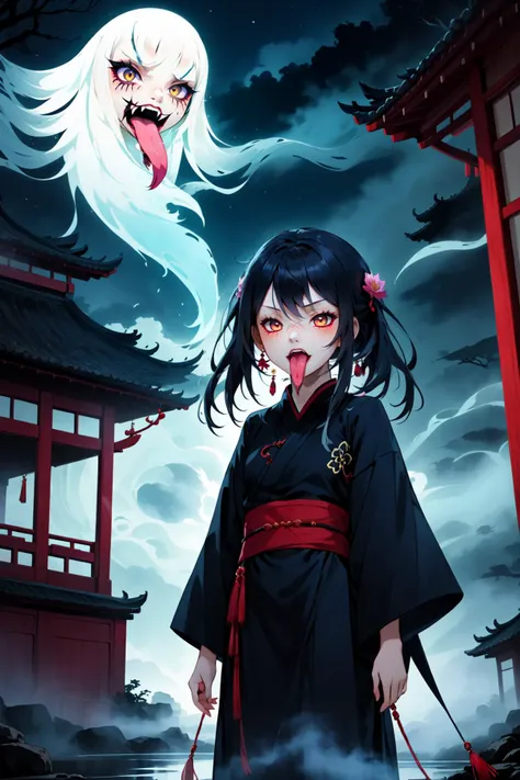 ((masterpiece)),((best quality)),8k,high detailed,ultra-detailed,illustration,(1girl:2),(gossghost),(long tongue),tongure out,(ethereal:1.3),hovering above a tranquil lotus pond,(sinister grin),adorned in ancient Chinese attire,(misty moonlight),Moody and dark crimson and black color palette,eerie and ghostly lighting,dynamic and menacing,conveying the ghost's malevolent aura,<lora:ChangSheG_V2:1>,