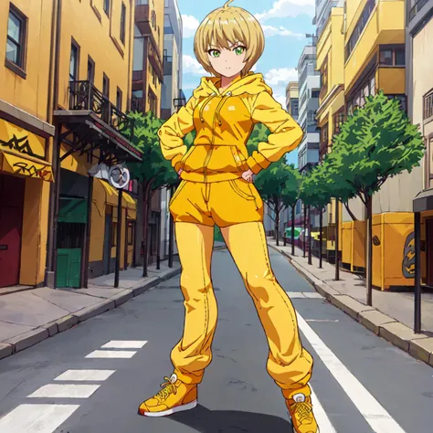 <lora:Dragon_???-10:1>outdoor,street,high quality,Masterpeace,Dragon_???, 1girl, solo, short hair, blonde hair, green eyes, yellow jacket, yellow shoes, yellow pants,yellow hoodie, yellow sneakers, full body, standing, hand on hip