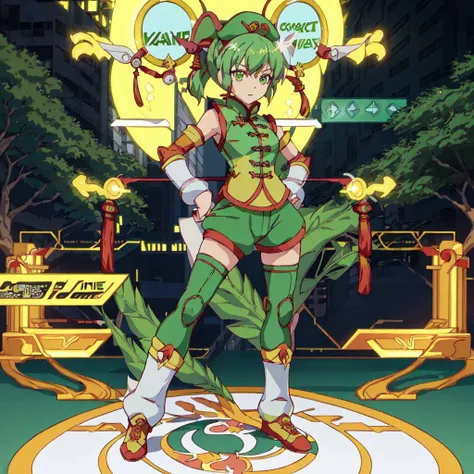 <lora:Dragon_???-10:1>outdoor,street,high quality,Masterpeace,Dragon_???, 1girl, solo, short hair, thighhighs, hat, green eyes, detached sleeves, green hair, yellow chinese clothes, short ponytail, green shorts, superhero, product placement, full body, standing, hand on hip