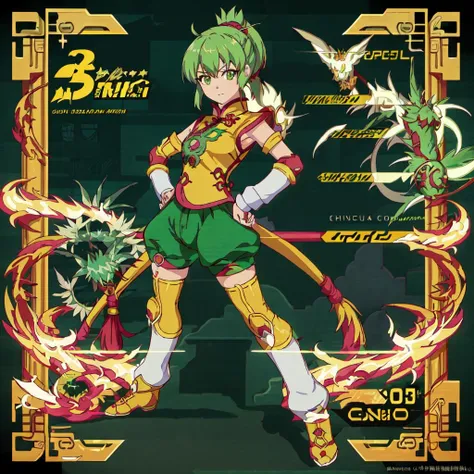 <lora:Dragon_???-10:1>outdoor,street,high quality,Masterpeace,Dragon_???, 1girl, solo, short hair, gold thighhighs, green eyes, detached sleeves, green hair, yellow chinese clothes, short ponytail, green shorts, superhero, double product placement, full body, standing, hand on hip