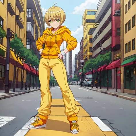<lora:Dragon_???-10:1>outdoor,street,high quality,Masterpeace,Dragon_???, 1girl, solo, short hair, blonde hair, green eyes, yellow jacket, yellow shoes, yellow pants,yellow hoodie, yellow sneakers, full body, standing, hand on hip