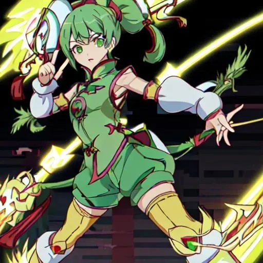 <lora:Dragon_???-10:1>Dragon_???, 1girl, solo, short hair, thighhighs, hat, green eyes, detached sleeves, green hair, shorts, chinese clothes, short ponytail, green shorts, superhero