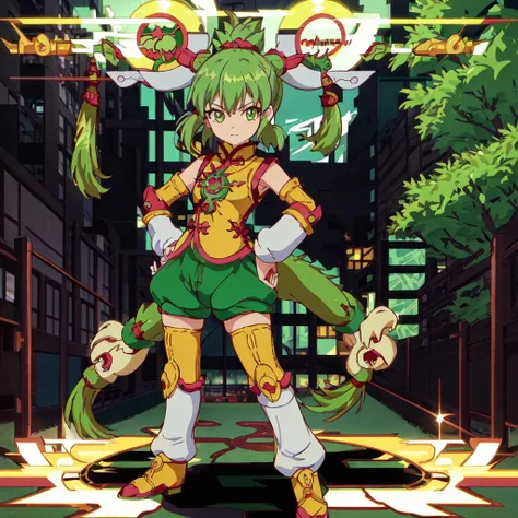 <lora:Dragon_???-10:1>outdoor,street,high quality,Masterpeace,Dragon_???, 1girl, solo, short hair, gold thighhighs, green eyes, detached sleeves, green hair, yellow chinese clothes, short ponytail, green shorts, superhero, hat, product placement, full body, standing, hand on hip