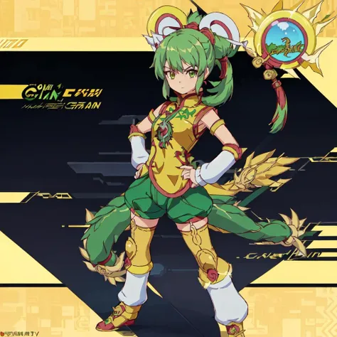 <lora:Dragon_Kid-10:1>outdoor,street,high quality,Masterpeace,Dragon_Kid, 1girl, solo, short hair, gold thighhighs, green eyes, detached sleeves, green hair, yellow chinese clothes, short ponytail, green shorts, superhero, hat, product placement, full body, standing, hand on hip