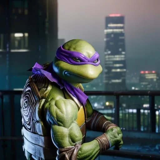 <lora:TMNTDonatello-11:0.8>(RAW photo, real life, absurdres, high quality, photorealistic, detailed, realistic:1.3), (solo:1.3), a high resolution photo of a TMNTDonatello, a teenage mutant ninja turtle with a purple bandana mask with eye-holes, fight stance pose, on a city rooftop at night, city buildings and dark night sky in background, cinematic, atmospheric, 8k, realistic lighting, shot by Hassleblad H6D, Zeiss, Kodachrome, nikon, 50mm 1.2 lens, Octane Render, ultra realistic, realistic lighting, photorealistic, photorealism, photoreal, unreal engine 5, Adobe After FX, highly detailed, intricate detail