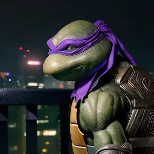 <lora:TMNTDonatello-11:0.8>(RAW photo, real life, absurdres, high quality, photorealistic, detailed, realistic:1.3), (solo:1.3), a high resolution photo of a TMNTDonatello, a teenage mutant ninja turtle with a purple bandana mask with eye-holes, fight stance pose, on a city rooftop at night, city buildings and dark night sky in background, cinematic, atmospheric, 8k, realistic lighting, shot by Hassleblad H6D, Zeiss, Kodachrome, nikon, 50mm 1.2 lens, Octane Render, ultra realistic, realistic lighting, photorealistic, photorealism, photoreal, unreal engine 5, Adobe After FX, highly detailed, intricate detail