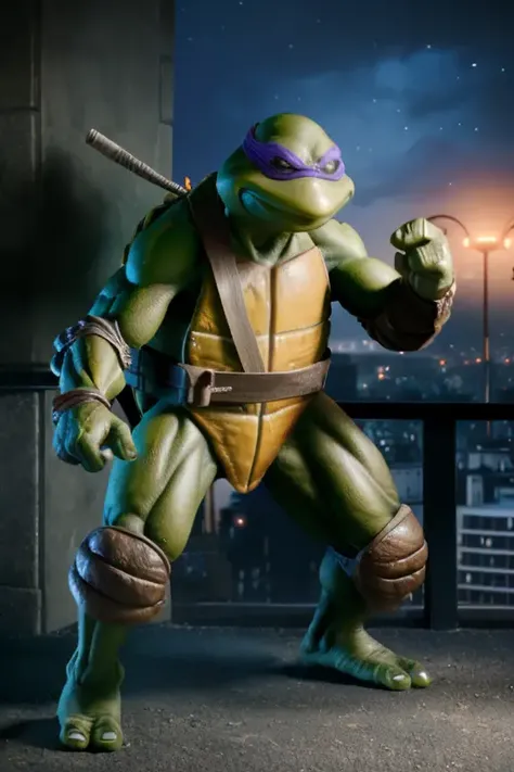 <lora:TMNTDonatello-10:0.8>(RAW photo, real life, absurdres, high quality, photorealistic, detailed, realistic:1.3), (solo:1.3), a high resolution photo of a TMNTDonatello, a teenage mutant ninja turtle with a purple bandana mask with eye-holes, fight stance pose, on a city rooftop at night, city buildings and dark night sky in background, cinematic, atmospheric, 8k, realistic lighting, shot by Hassleblad H6D, Zeiss, Kodachrome, nikon, 50mm 1.2 lens, Octane Render, ultra realistic, realistic lighting, photorealistic, photorealism, photoreal, unreal engine 5, Adobe After FX, highly detailed, intricate detail