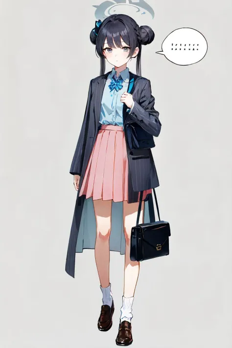 <lora:kisaki:1>1girl, solo, long hair, looking at viewer, skirt, simple background, shirt, black hair, long sleeves, hat, white background, twintails, very long hair, closed mouth, standing, full body, pleated skirt, shoes, socks, collared shirt, bag, hair bun, double bun, halo, brown footwear, blue shirt, white socks, shaded face, loafers, ..., pink skirt, spoken ellipsis, shoulder bag, name tag, yellow headwear, kindergarten uniform, school hat