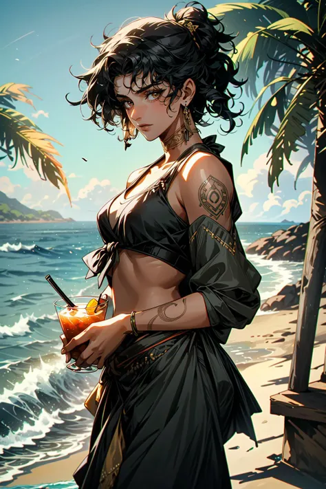 ((ultra detailed, masterpiece, absurdres))
<lora:PSophia:0.9>
PSophia, 1girl, solo, black hair, brown eyes, tattoo, dark skin, at a beachside resort, bikini, holding a colorful cocktail