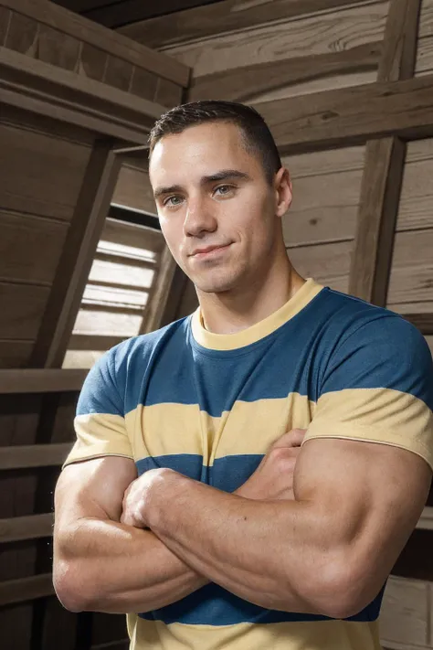 <lora:jake_dalton-04:0.75> photo of jake_dalton, natural relaxed expression, wearing a blue and yellow striped rugby shirt, rustic barn, crossed arms