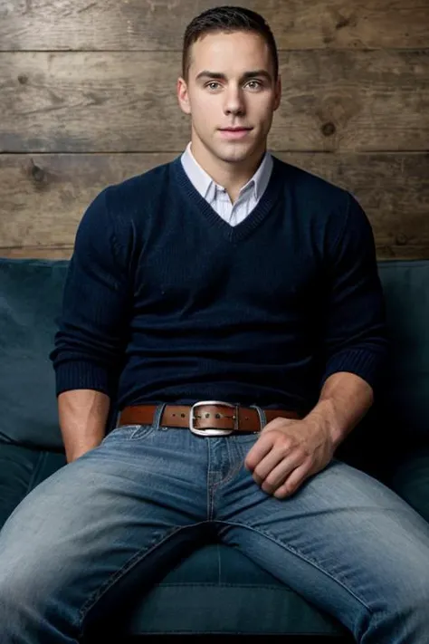 <lora:jake_dalton-v1:0.8> jake_dalton, sitting on the sofa, in the waiting room, wearing a sweater and jeans, belt, realistic