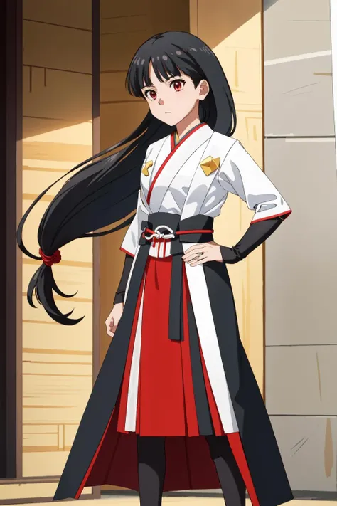 SabrinaPKMN,1girl,standing,facing viewer,long hair,dark grey hair,full body,japanese clothes,pantyhose,red skirt,hakama,hakama skirt,white hakama,hair tie,full body,expressionless,in stadium, <lora:SabrinaPKMN:0.8>