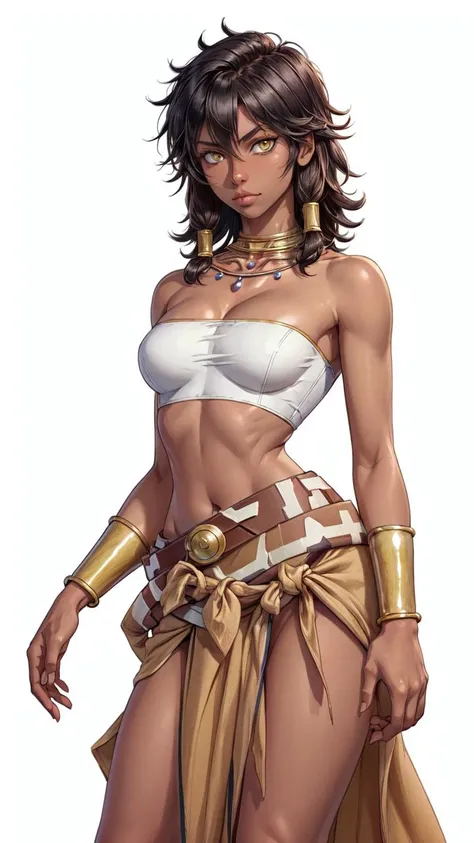 (1girl, solo, masterpiece, 4k, best quality:1.2, (cowboy shot), best quality:1.2, NICE HANDS, COLORFUL, (perfect hands, perfect anatomy)),
tiona hiryute, dark skin, necklace, white bandeau, belt, sarong, bracer, anklet,
((medium breasts, big hips, looking at the viewer)),
((simple background, white background)),
<lora:GoodHands-vanilla:0.7>