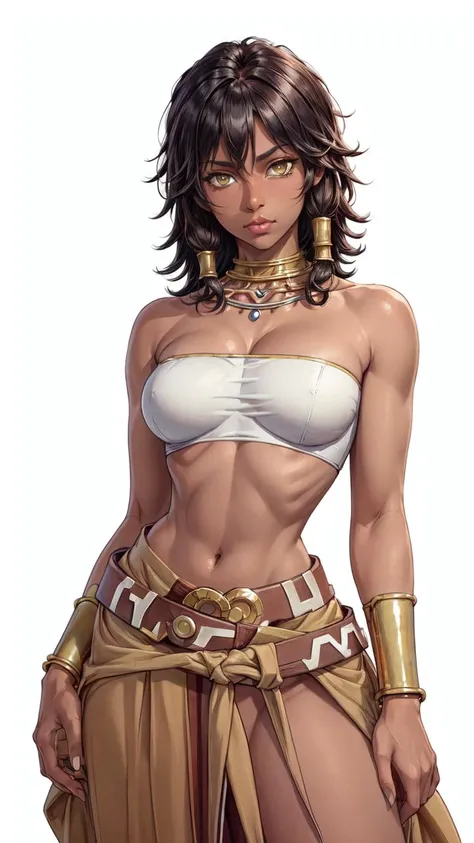 (1girl, solo, masterpiece, 4k, best quality:1.2, (cowboy shot), best quality:1.2, NICE HANDS, COLORFUL, (perfect hands, perfect anatomy)),
tiona hiryute, dark skin, necklace, white bandeau, belt, sarong, bracer, anklet,
((medium breasts, big hips, looking at the viewer, cleavage, tight clothes, high stocking)), (arms up, hands behind head, hidden hands),
((simple background, white background)),
<lora:GoodHands-vanilla:0.7>