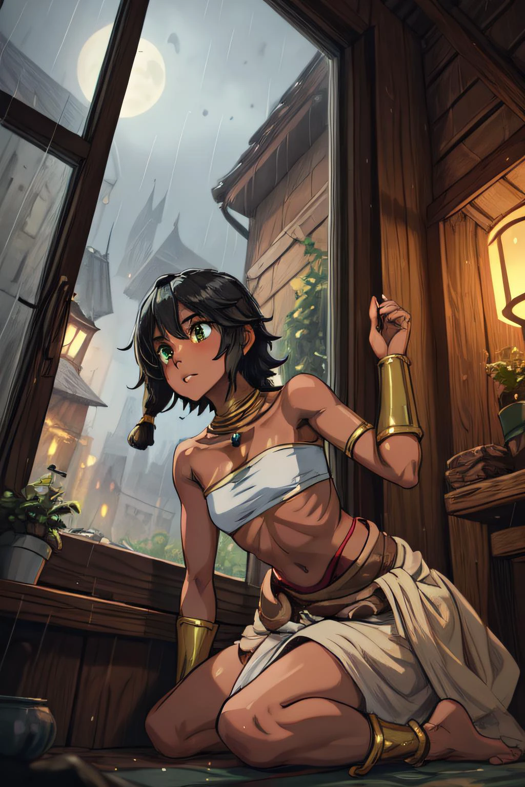 (1 woman), (hair tubes), (black hair), (bandeau), (green eyes), (looking out window), (tan skin),
BREAK
(comfy tavern), (window), (raining outside), (Moon), (peaceful town)
BREAK
(masterpiece, best quality, highlydetailed:1.2), (perfect lighting ), (from below), (color splash), (from below), (erotic feeling), (depth of field) <lora:epiNoiseoffset_v2:1>, <lora:add_detail:0.8> <lora:tiona-nvwls-v1:0.8> tiona hiryute, dark skin, necklace, white bandeau, belt, sarong, bracer, anklet