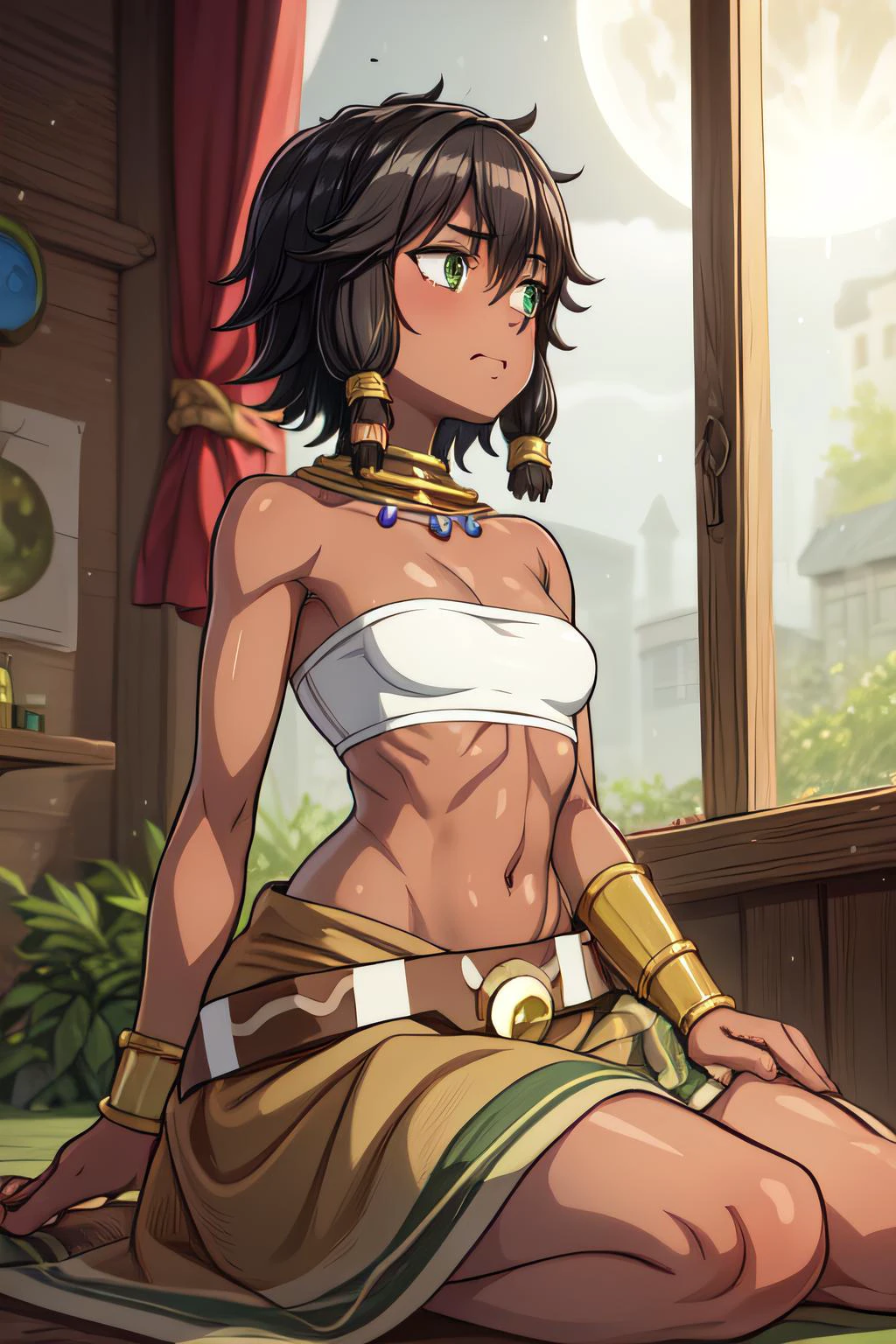 (1 woman), (hair tubes), (black hair), (bandeau), (green eyes), (looking out window), (tan skin), (short hair)
BREAK
(comfy tavern), (window), (raining outside), (Moon), (peaceful town)
BREAK
(masterpiece, best quality, highlydetailed:1.2), (perfect lighting ), (from below), (color splash), (from below), (erotic feeling), (depth of field) <lora:epiNoiseoffset_v2:1>, <lora:add_detail:0.8> <lora:tiona-nvwls-v1:1.0> tiona hiryute, dark skin, necklace, white bandeau, belt, sarong, bracer, anklet
