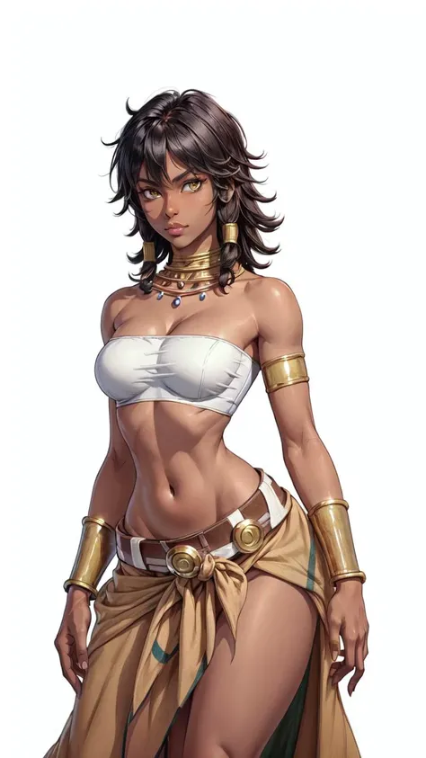 (1girl, solo, masterpiece, 4k, best quality:1.2, (cowboy shot), best quality:1.2, NICE HANDS, COLORFUL, (perfect hands, perfect anatomy)),
tiona hiryute, dark skin, necklace, white bandeau, belt, sarong, bracer, anklet,
((medium breasts, big hips, looking at the viewer)),
((simple background, white background)),
<lora:GoodHands-vanilla:0.7>