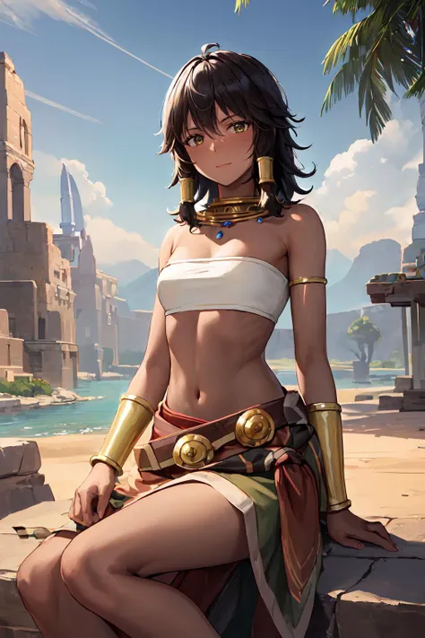 masterpiece, best quality, highres, tiona hiryute, dark skin, necklace, white bandeau, belt, sarong, bracer, anklet, <lora:tiona-nvwls-v1:0.9>, looking at viewer, emberheart citadel, heart of fire, molten core, stronghold of flame-wielders, <lora:add_detail:0.3>