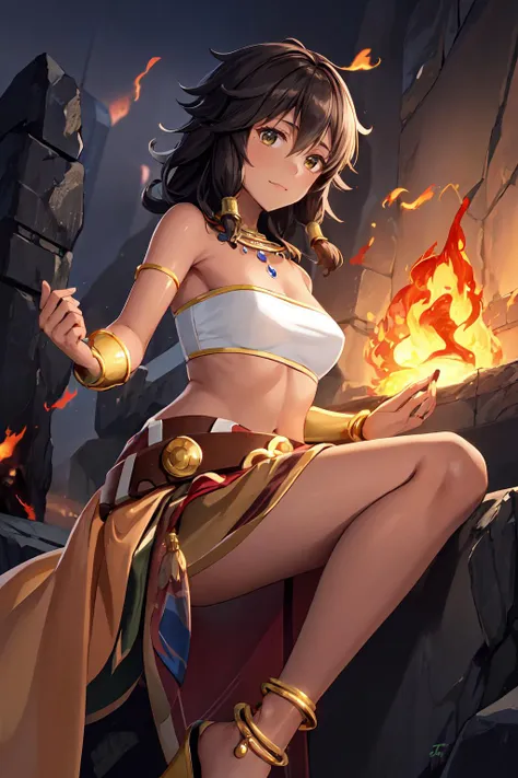 masterpiece, best quality, highres, tiona hiryute, dark skin, necklace, white bandeau, belt, sarong, bracer, anklet, <lora:tiona-nvwls-v1:0.9>, looking at viewer, emberglow sanctum, ember-filled chambers, sacred flames, dwelling of fire elementals, <lora:add_detail:0.3>