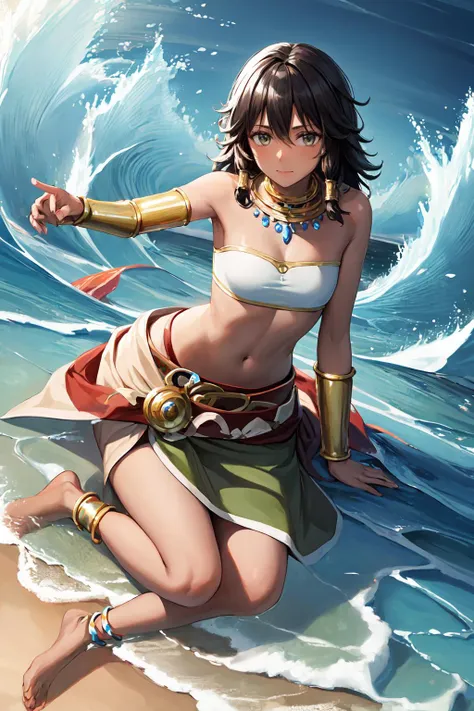 masterpiece, best quality, highres, tiona hiryute, dark skin, necklace, white bandeau, belt, sarong, bracer, anklet, <lora:tiona-nvwls-v1:0.9>, looking at viewer, crystal shores, crystalline sands, shimmering waves, merfolk's domain, <lora:add_detail:0.3>