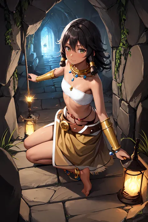 masterpiece, best quality, highres, tiona hiryute, dark skin, necklace, white bandeau, belt, sarong, bracer, anklet, small breasts, <lora:tiona-nvwls-v1:0.8>, looking at viewer, dungeon, caves, prison cell, dark dungeon, torch illumination, dynamic lighting, <lora:add_detail:0.3>