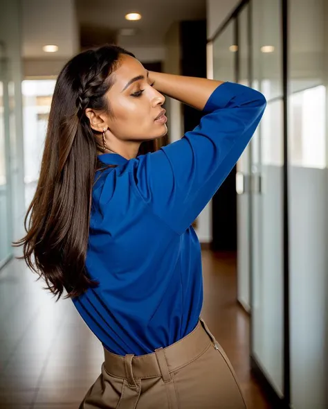 A 24 year old Ethiopian woman wearing Royal blue chiffon tunic, tan chinos, and a leather wrap bracelet., with Side braid hair, in Contemporary Office, *betterfashion*, professional photo, looking up pose, <lora:BetterFashion_Casual-000007:0.85>