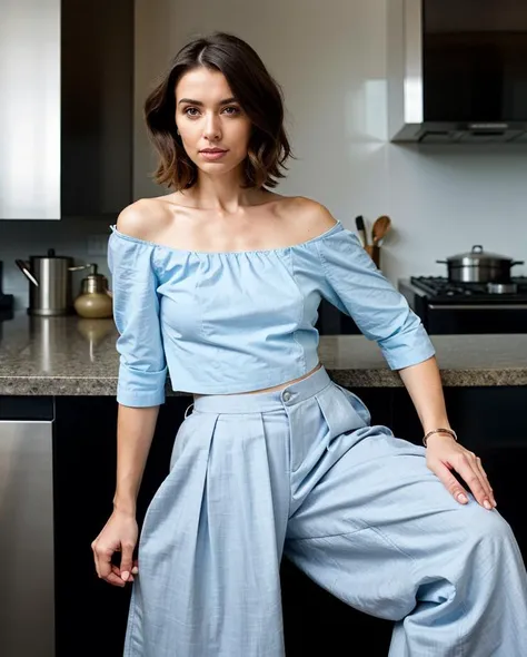 A 24 year old Italian woman wearing Sky blue cotton peplum top, charcoal linen pants, and a metallic leather cuff., with Shag haircut hair, in Modern Kitchen *betterfashion*, professional photo, Seated pose, <lora:BetterFashion_Casual-000007:0.85>