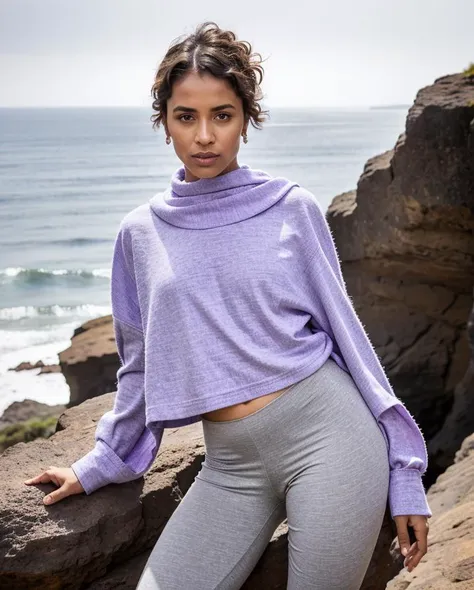 A 24 year old Ethiopian woman wearing Lavender cotton tunic, gray jersey leggings, and a paisley print bandana., with Pixie cut hair, in Rocky Coast, *betterfashion*, professional photo, looking mischievous, <lora:BetterFashion_Casual-000007:0.85>