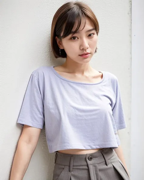 A 24 year old South Korean woman wearing  Charcoal grey jersey t-shirt, pastel floral print shorts, and a suede choker., with Layered haircut hair,   in Rooftop Garden, *betterfashion*, professional photo,  leaning against wall, <lora:BetterFashion_Casual-000007:0.85>