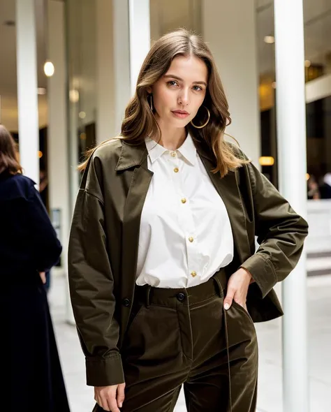 A 24 year old South African woman wearing  Olive green button-up satin blouse, beige corduroy culottes, and gold hoop earrings., with Straight hair hair,   in Winter Wonderland, *betterfashion*, professional photo,  leaning, <lora:BetterFashion_Casual-000007:0.85>