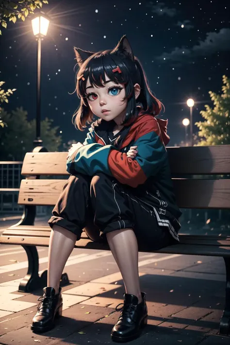 <lora:Switchchan:0.6>,Switch-chan,sitting on a bench in a park,night,