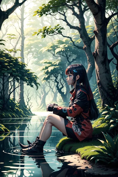 <lora:Switchchan:0.7>,Switch-chan,sitting in a lake in the middle of a jungle,water,fantasy,blue trees,red trees,