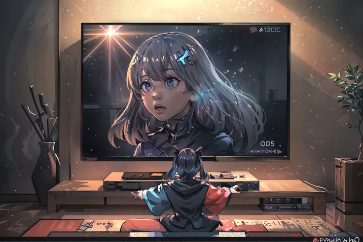 detailed, masterpiece, grainy, natural lighting, dynamic lighting,
BREAK <lora:Switchchan:0.65> switch-chan watching television
BREAK television frame
BREAK  <lora:Discordchan:0.65>, discord-chan coming out of television