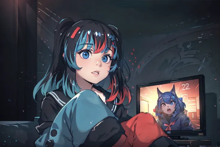score_9, score_8_up, score_7_up, source_anime, 1girl, Switchchan, heterochromia, sailor collar, , shirt, serafuku, black thighhighs, game controller, holding game controller, sitting, happy, television, looking at television, from side,