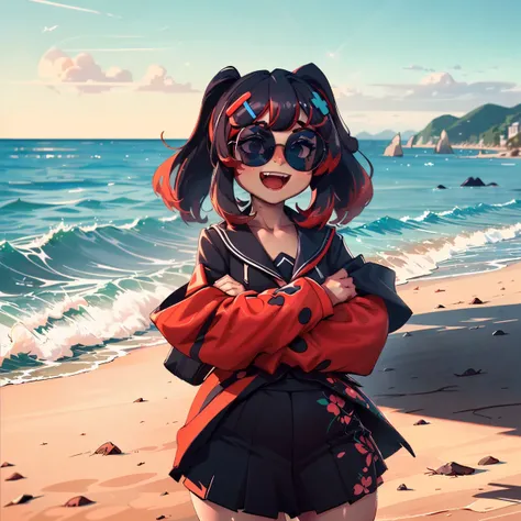 grainy,extremely detailed, natural lighting, <lora:Switchchan:0.75>, switch-chan smiling menacingly, kodachrome, masterpiece, running on beach, detailed sunglasses