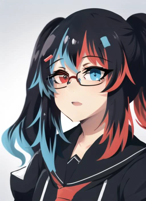 ((best quality)), ((highly detailed)), masterpiece, detailed face, beautiful face, (detailed eyes, deep eyes), (1girl), (glasses), <lora:noline:1>, <lora:Switchchan:.75>, Switch-chan, heterochromia, red and blue eyes