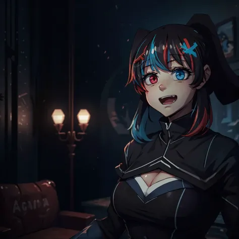 grainy,extremely detailed, dynamic lighting, <lora:Switchchan:0.7>, switch-chan smiling menacingly, ripped clothing, living room background