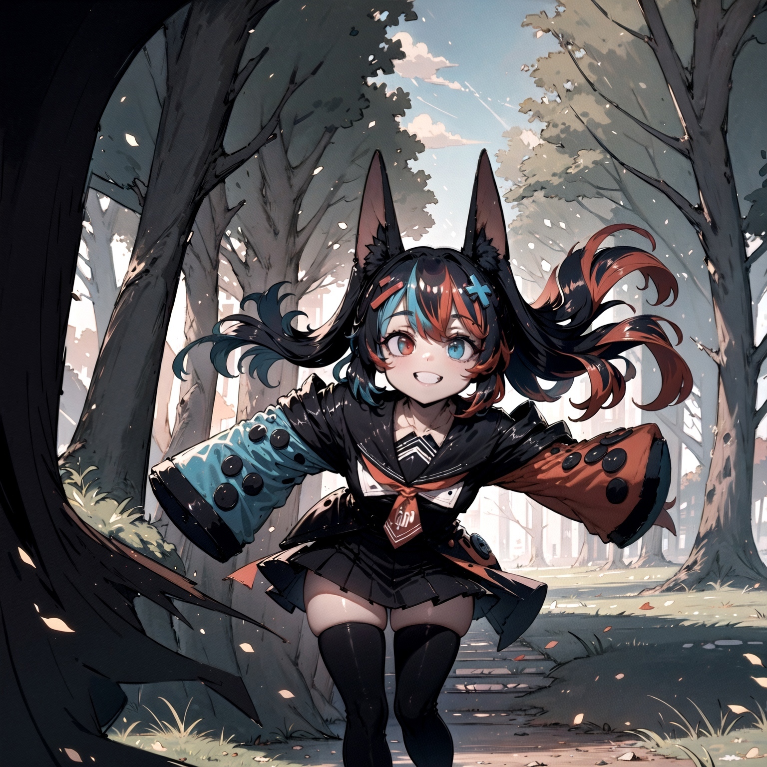 Anime girl in a forest with a cat ears and a cat tail - SeaArt AI