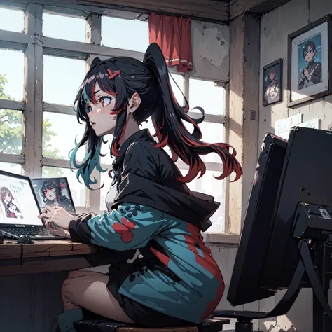 (masterpiece, best quality:1.3), <lora:switchchan2:0.8> , SwitchchanOutfit sitting on computer, shouting, annoyed, tilted head,soft skin, smooth skin, red eyes, blue eyes, heterochromia, from side, natural light, sunny,