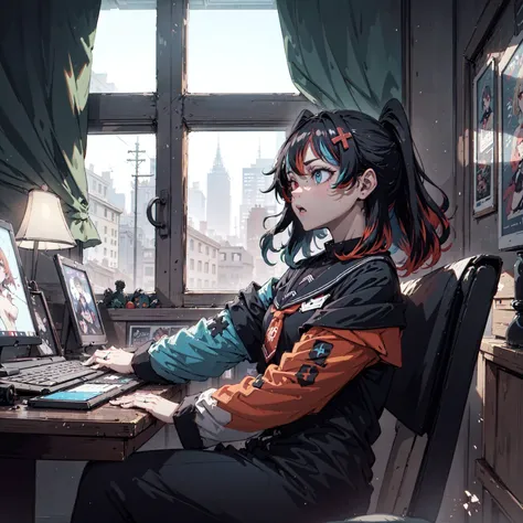 (masterpiece, best quality:1.3), <lora:switchchan2:0.8> , SwitchchanOutfit sitting on computer, shouting, annoyed, tilted head,soft skin, smooth skin, red eyes, blue eyes, heterochromia, from side, natural light, sunny,