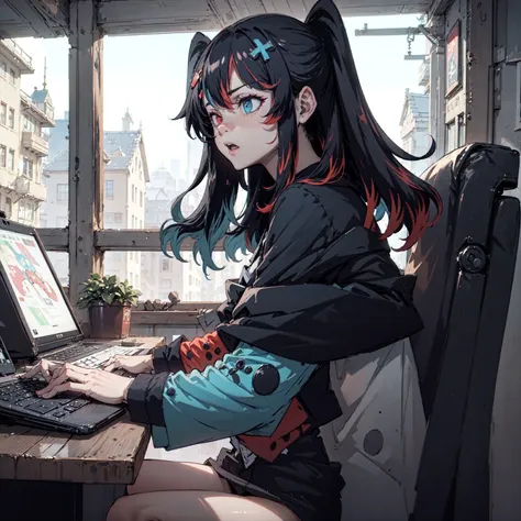 (masterpiece, best quality:1.3), <lora:switchchan2:0.8> , SwitchchanOutfit sitting on computer, shouting, annoyed, tilted head,soft skin, smooth skin, red eyes, blue eyes, heterochromia, from side, natural light, sunny,